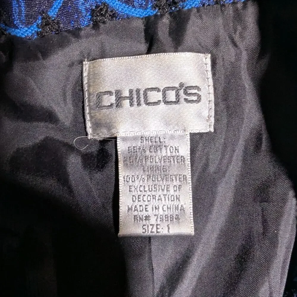 Vtg 1990s Chico's Blue Embroidered Satin Open Front Collared Blazer Jacket 1 M